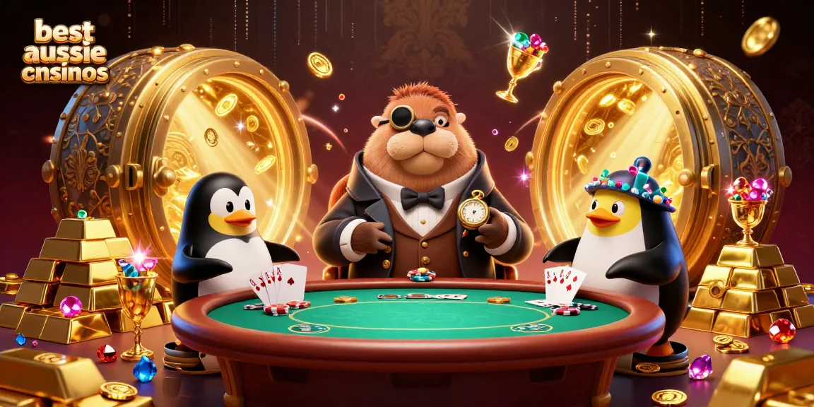 Enjoy top strategies at the best aussie online casinos with a poker scene featuring vibrant 3D characters.