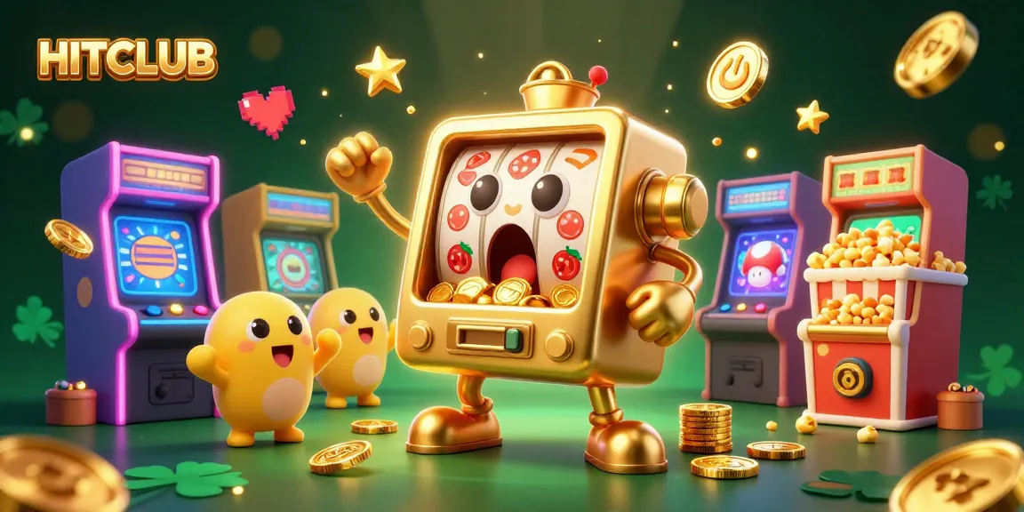 Hitclub showcases a golden slot machine animatedly hitting a jackpot with coins pouring, creating an exciting casino atmosphere.