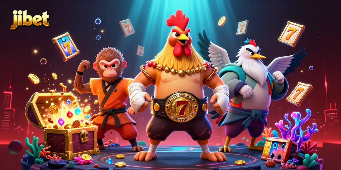 Win big at jibet with a vibrant, dynamic casino-themed 3D illustration featuring beloved gaming characters.