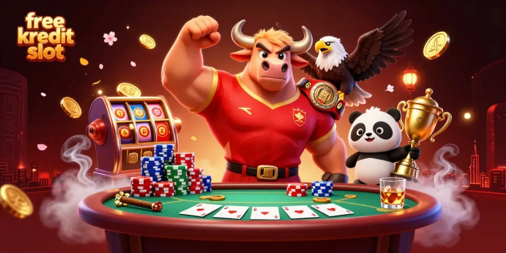 Engage in free kredit slot gaming with vibrant characters in a lively casino atmosphere.
