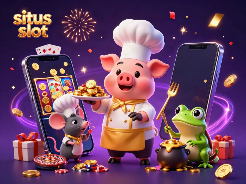 Experience thrilling games at situs slot with our illustrated casino scene showcasing lively characters and slot action.
