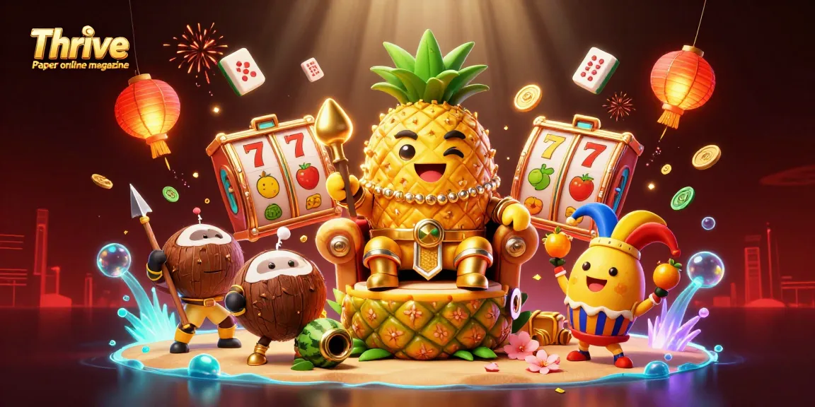 Engage with the vibrant casino fun at Thrive Paper online magazine featuring golden pineapple king and colorful gambling elements.