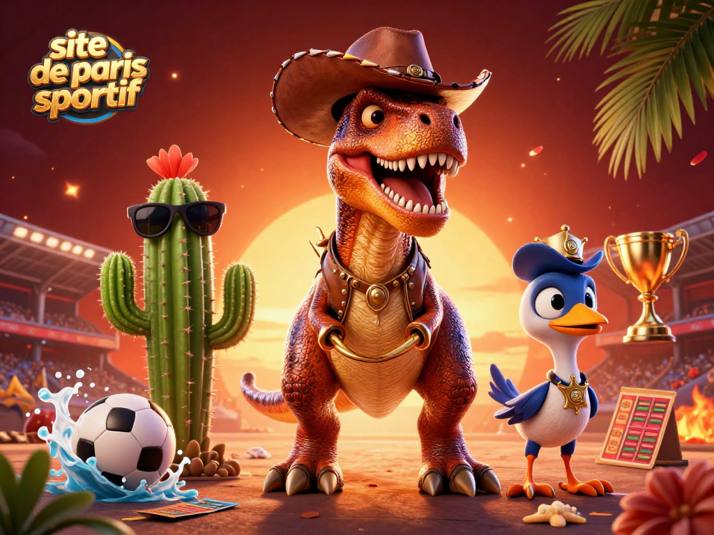 Pariez sur un site de paris sportif avec une scène animée de dinosaures et d'éléments de stade.