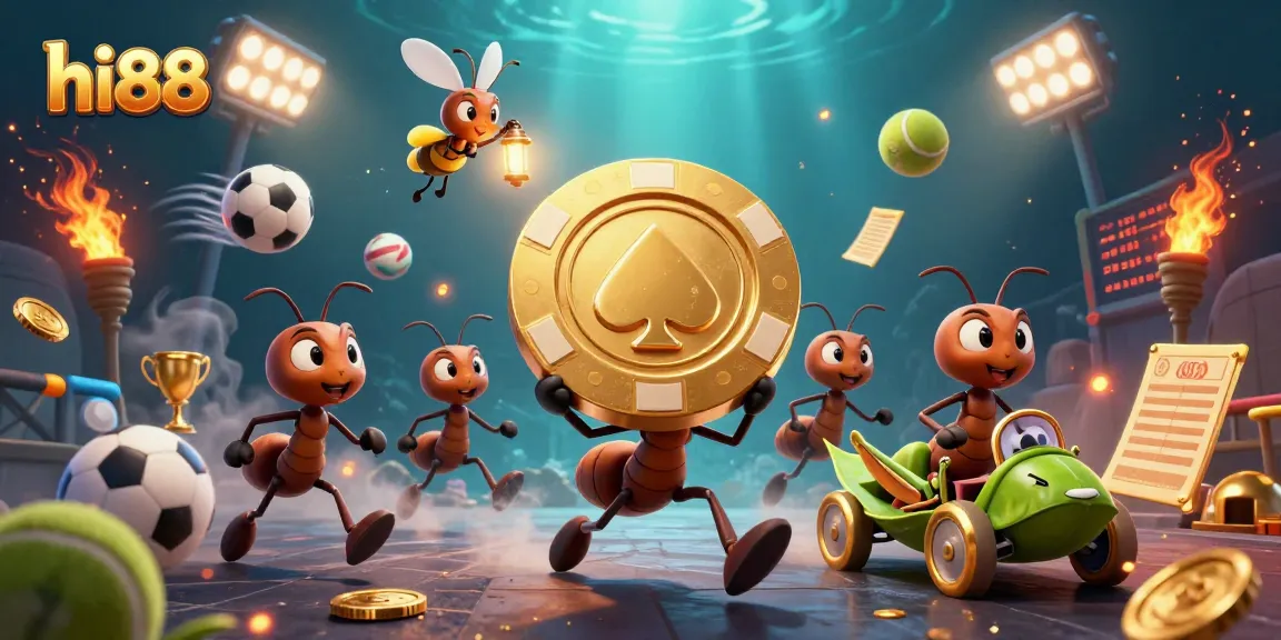 Experience the thrill of winning with Hi88 as cartoon ants carry a giant poker chip in an action-packed casino scene.