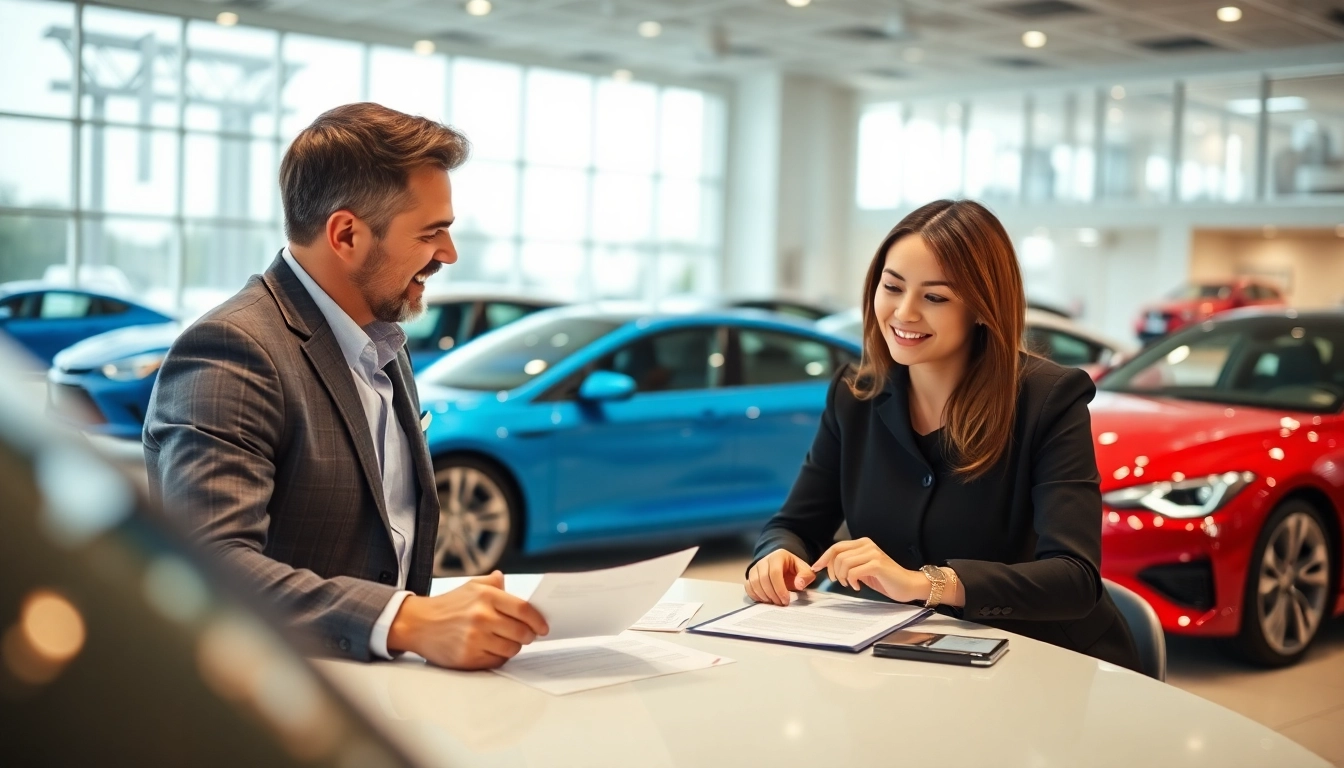 Buy New Car financing options discussed by a professional couple in an inviting dealership.