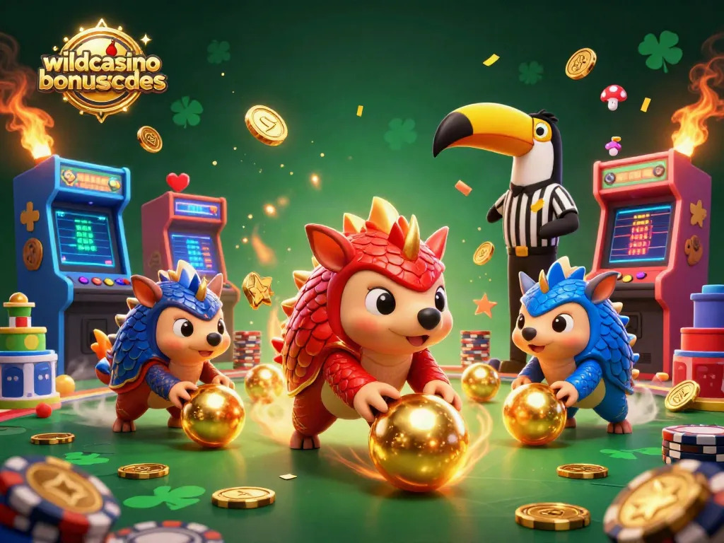 Experience wildcasinobonuscodes with two animated pangolins bowling through poker chips in a vibrant casino scene.