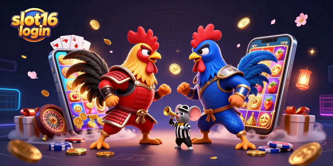 Experience exciting gameplay with slot16 login, featuring unique roosters in a vibrant casino scene.
