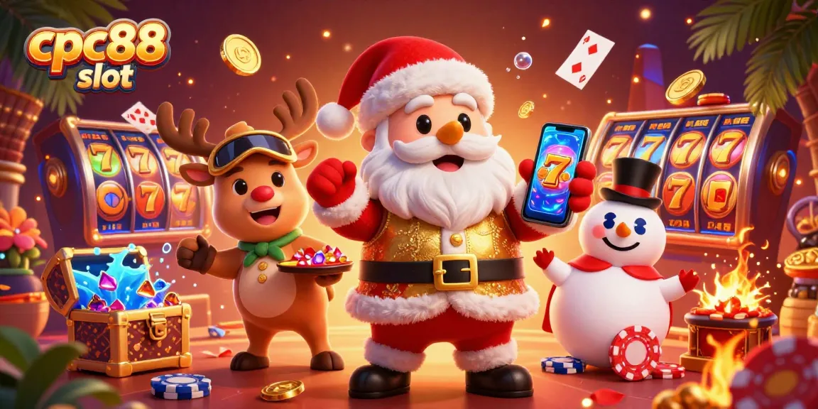 Engage with the thrilling cpc88 slot experience in a vibrant casino scene featuring Santa and friends.