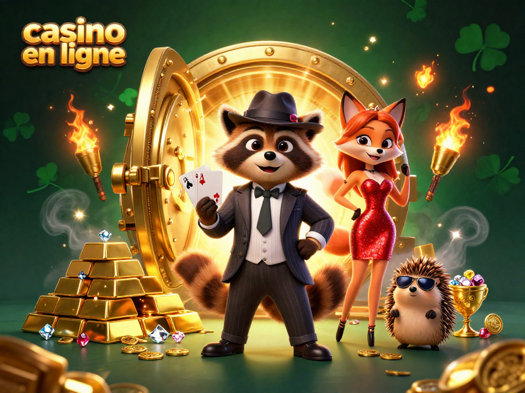 Découvrez un casino en ligne captivant où un raton laveur en costume tient une main de poker gagnante.