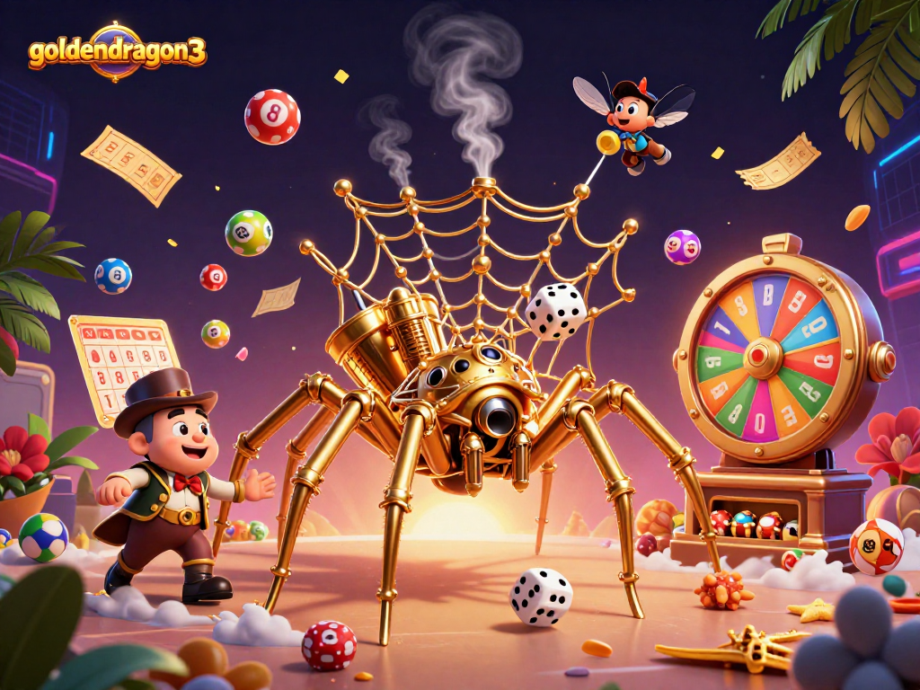 Engage with goldendragon3 in this immersive steampunk scene featuring a playful spider and thrilling lottery elements.