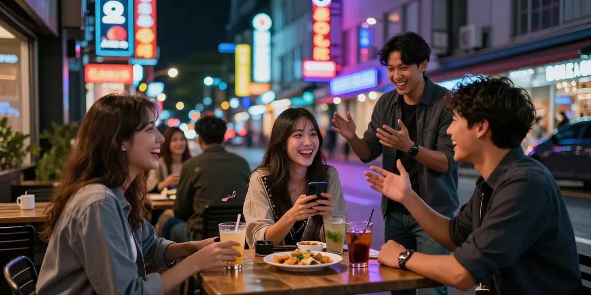Friends in vibrant urban setting enjoying drinks while exploring 오피사이트 reviews, highlighting nightlife excitement and social interactions.