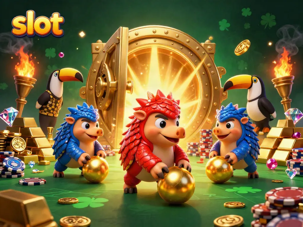 Experience thrilling wins with slot-themed pangolin rivals and sparkling treasures in a vibrant casino scene.