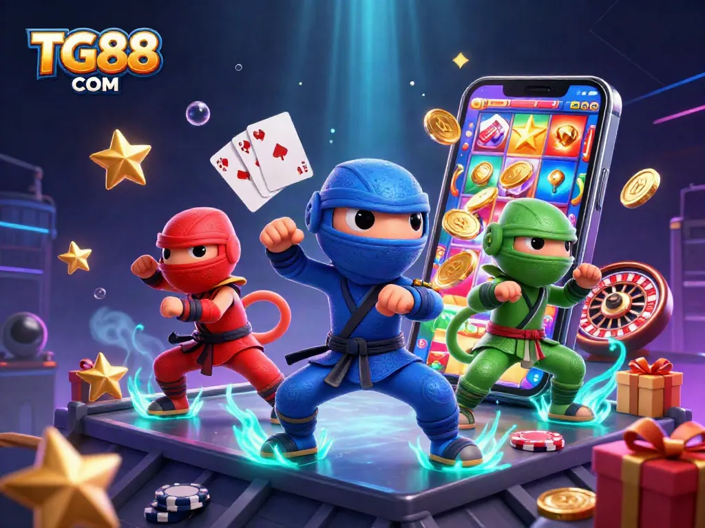 Engage with TG88 COM's vibrant online casino experience featuring ninja chameleons and immersive gaming elements.