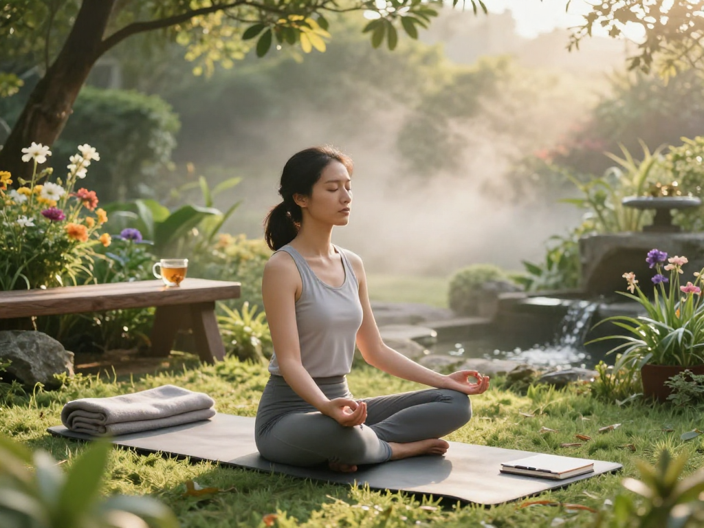Mindfulness meditation in serene garden with mantra88 cultivation elements