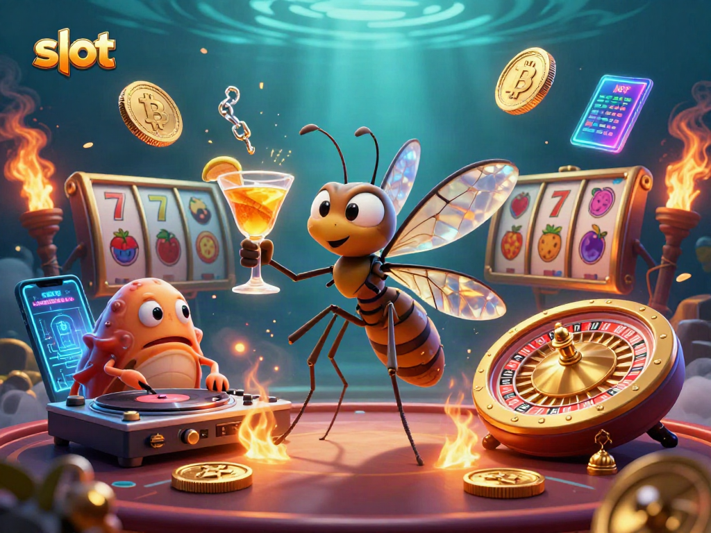 Slot-themed vibrant illustration with lively characters and crypto elements enhancing the casino experience.