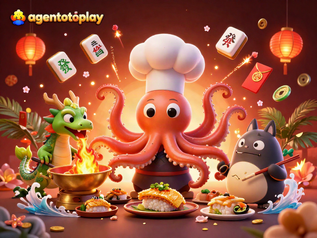 Menghadirkan keseruan agentotoplay dengan koki sushi cumi-cumi 3D dan dragon hijau di atas wajan emas