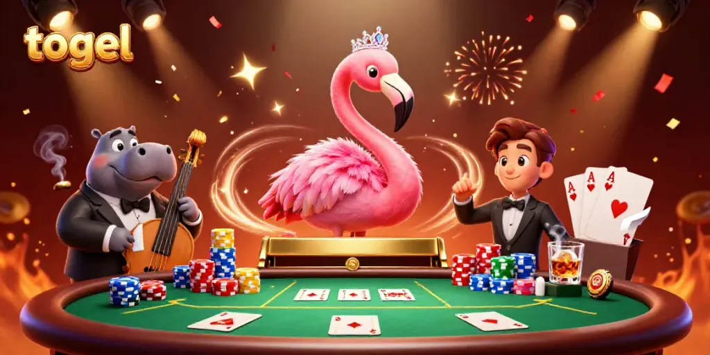 Engage in togel gameplay with a lively scene of a flamingo singer and hippo bassist amidst poker action.