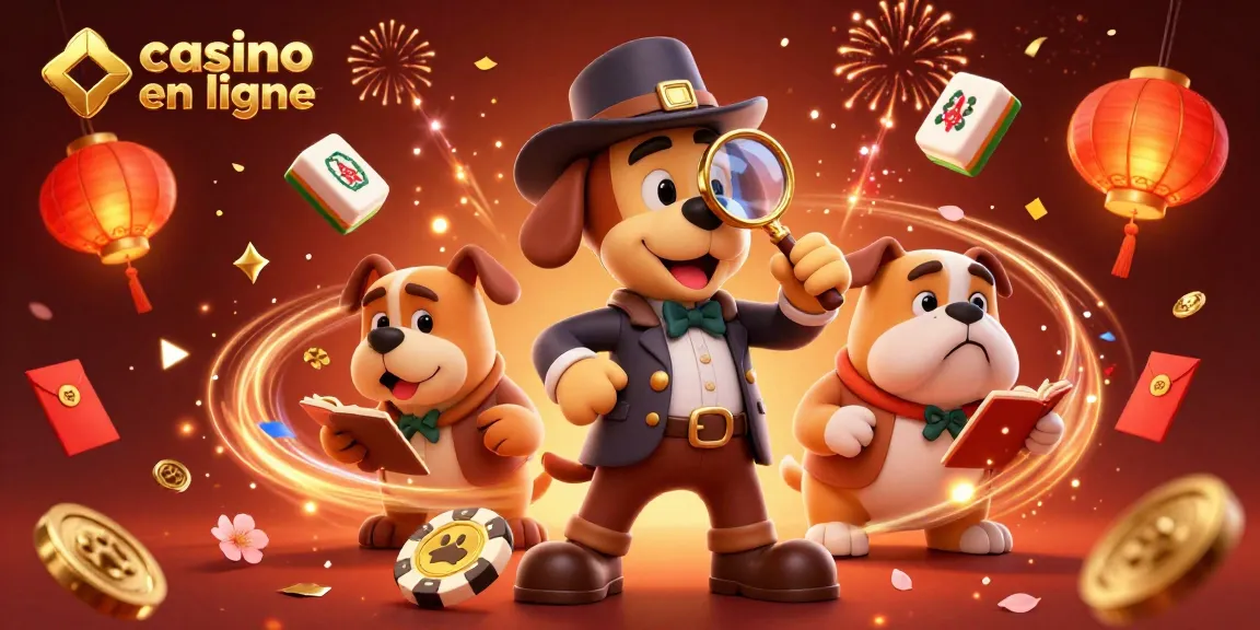 Illustration dynamique de casino en ligne avec un détective cartoon et un bulldog, explorant des jetons de poker dorés.