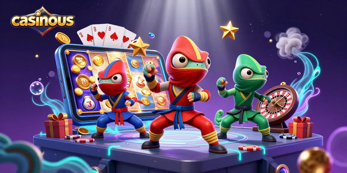 Experience the vibrant action of casinous featuring a team of ninja chameleons amidst colorful slot games and festive casino elements.