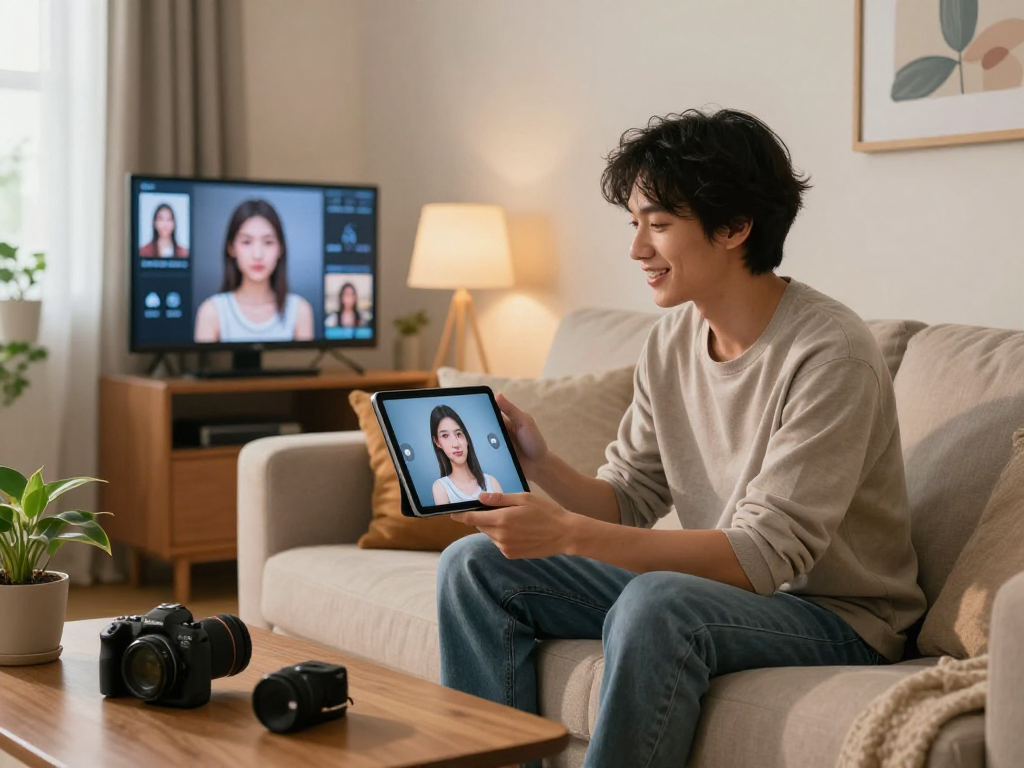 Engaging scene with a person interacting with their AI girlfriend on a tablet in a cozy living room.