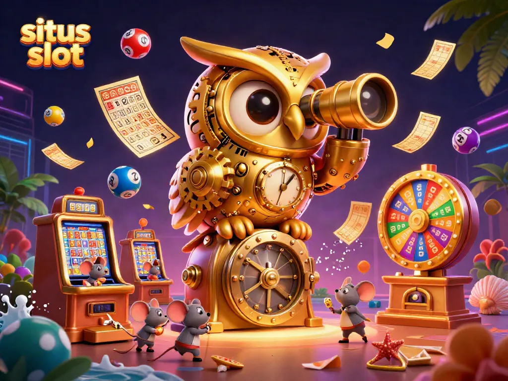 Menangkan jackpot di situs slot dengan ilustrasi 3D burung hantu emas dan karakter menarik.