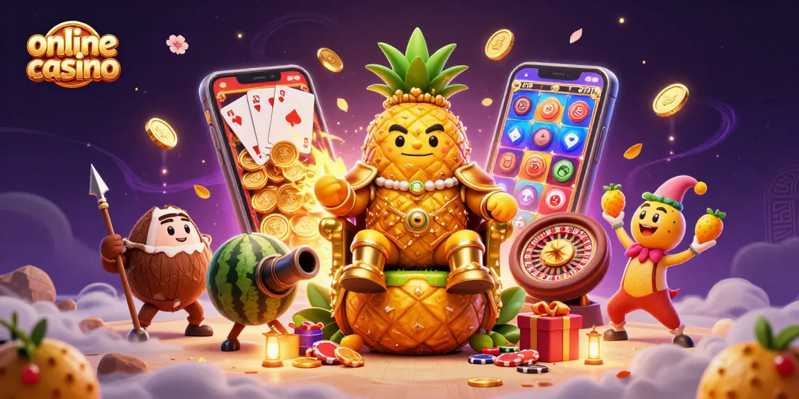 Immagine di un online casino con un re ananas dorato circondato da elementi ludici e divertenti.