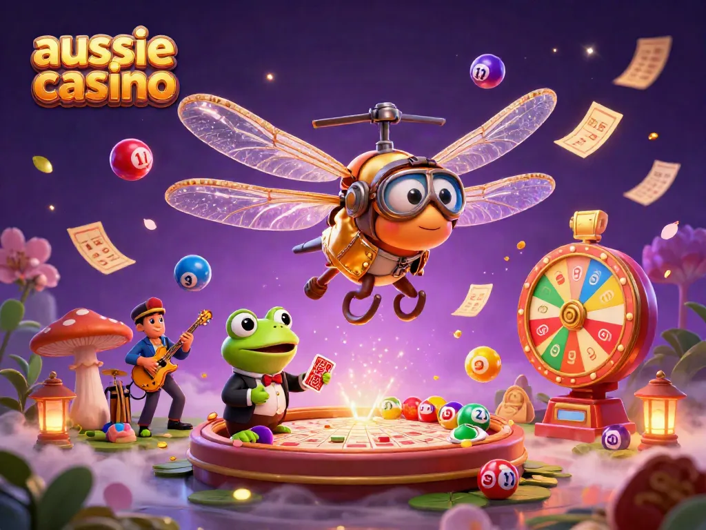 Aussie casino scene featuring a dragonfly pilot, frog croupier, and jazz musicians in vibrant, playful atmosphere.