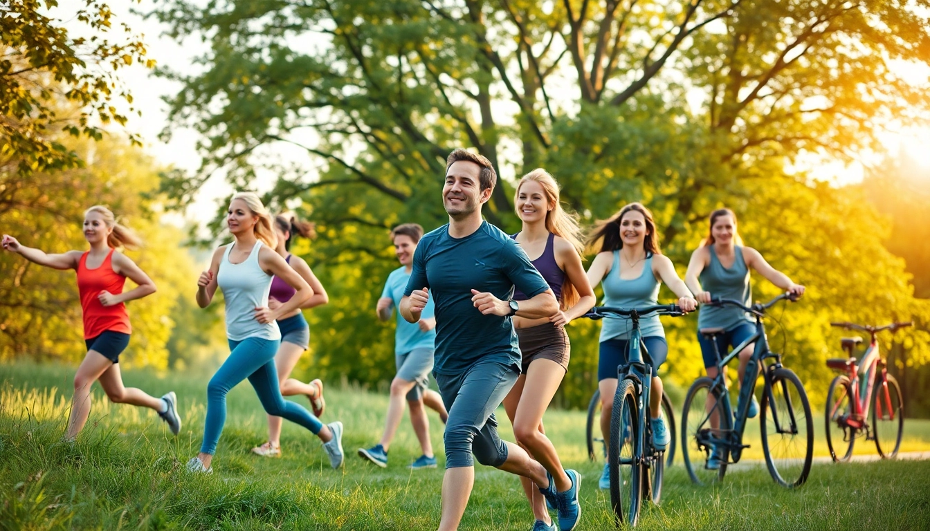 Promoting a Healthy Life with diverse individuals engaging in outdoor exercises.