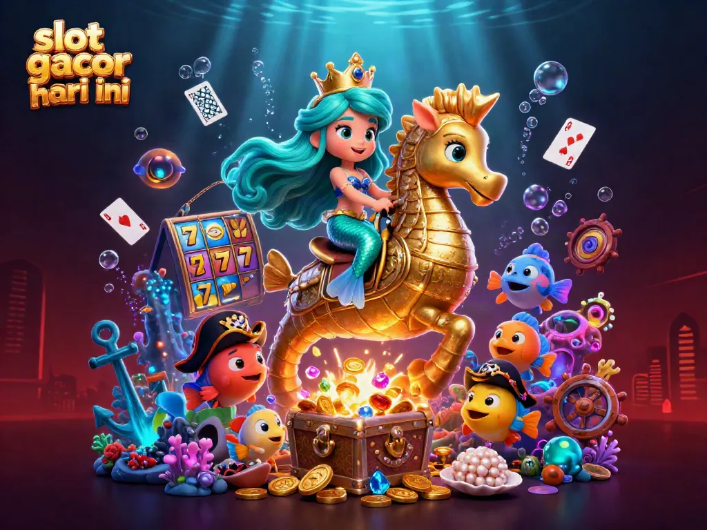 Visualisasi slot gacor hari ini dengan putri duyung dan kuda laut di lautan emas.