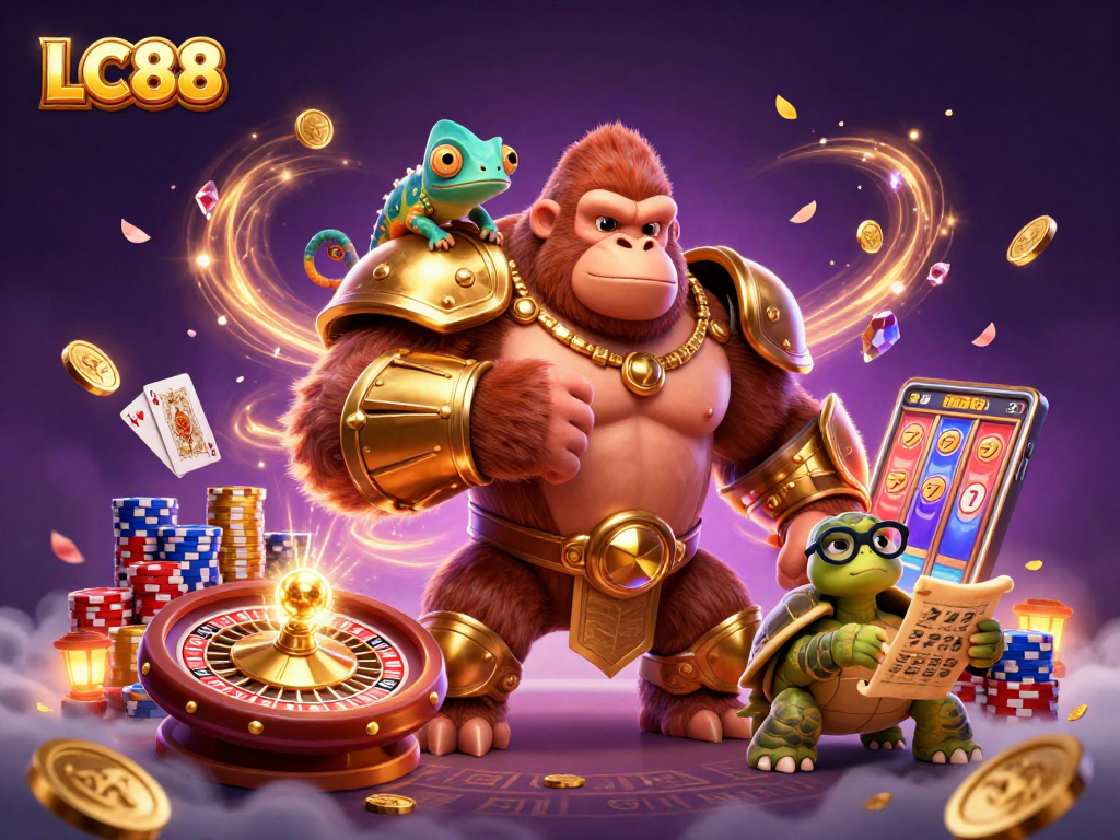 LC88 casino gaming illustration with vibrant characters and engaging action, showcasing rich casino elements.
