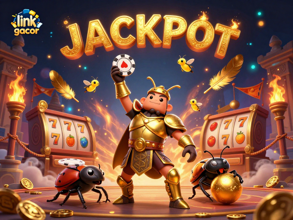 Engage with exciting link slot gacor action featuring a victorious beetle hero amidst vibrant casino elements.