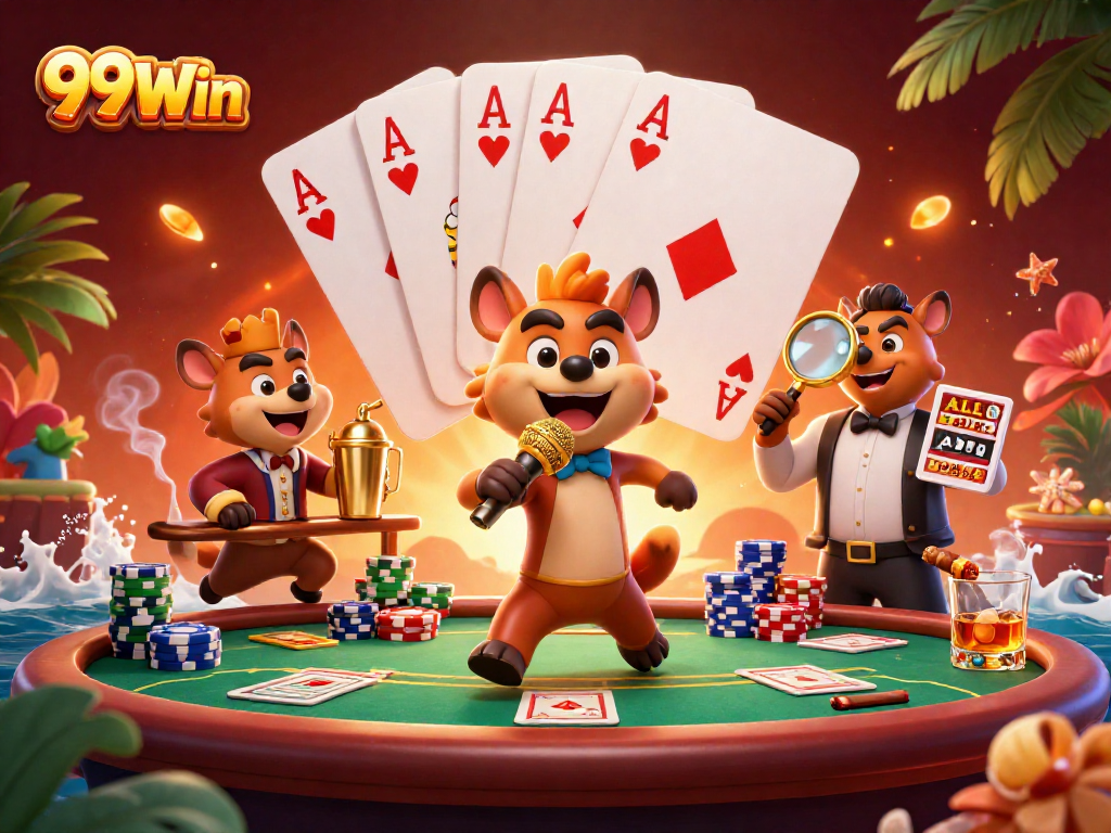 Engage with 99Win's dynamic casino atmosphere featuring hyenas as entertainers in a vibrant game scene.