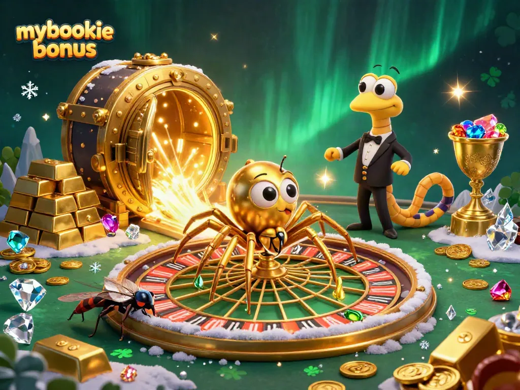 Experience the mybookie bonus with a dazzling display of casino elements and characters.