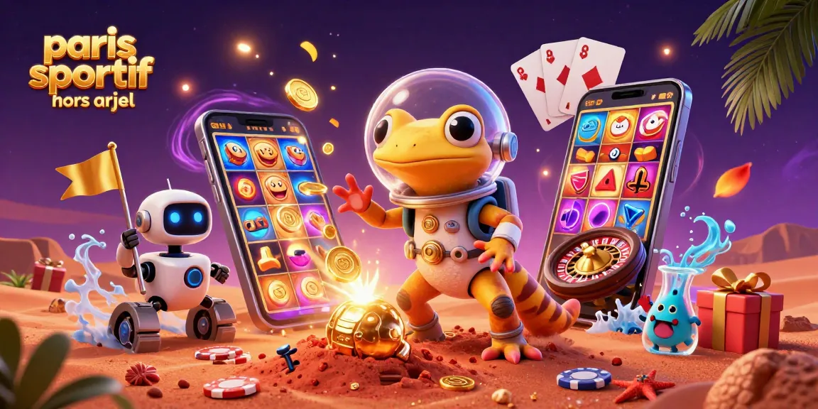 Plongez dans l'univers des paris sportif hors ARJEL avec un gecko martien découvrant un casino doré, entouré de jeux d'argent dynamiques.