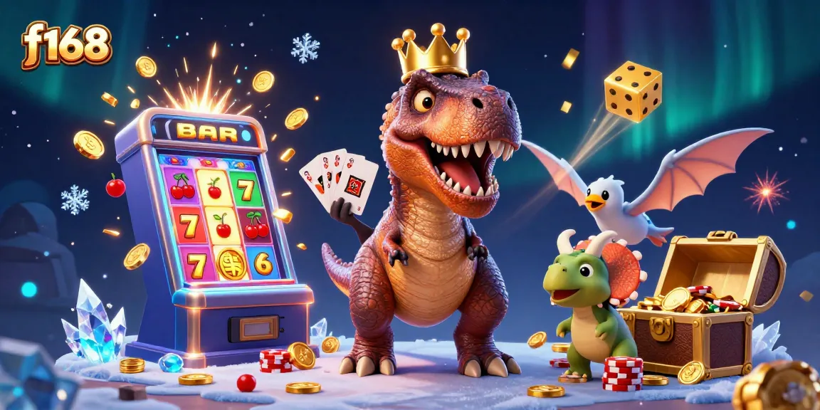 Experience the thrill of f168 with a fun T-Rex playing cards and vibrant casino elements.
