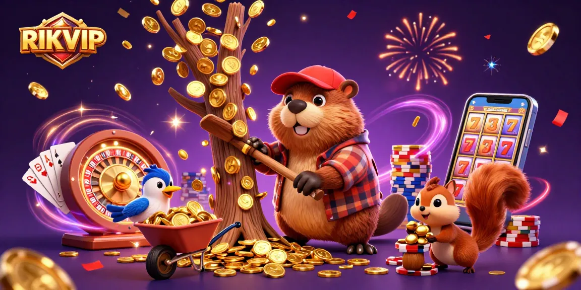 Experience RIKVIP's exciting casino with a beaver earning golden coins amidst dynamic gaming elements.