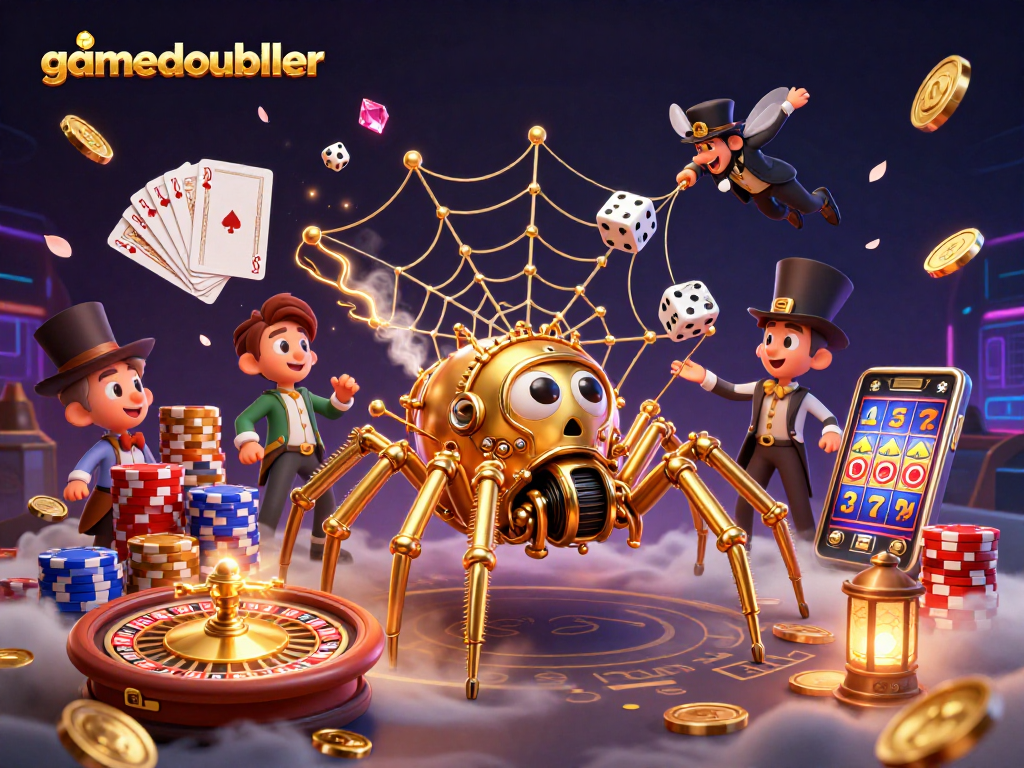 Experience the thrill of gamedoubler with a captivating 3D scene featuring golden webs and casino elements.