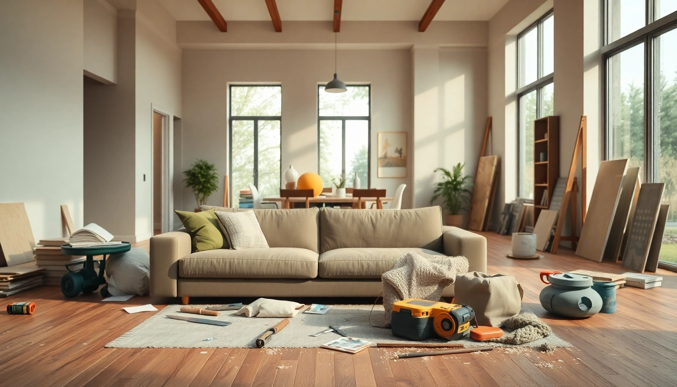Home improvement scene showcasing an organized living room renovation with tools and natural light.
