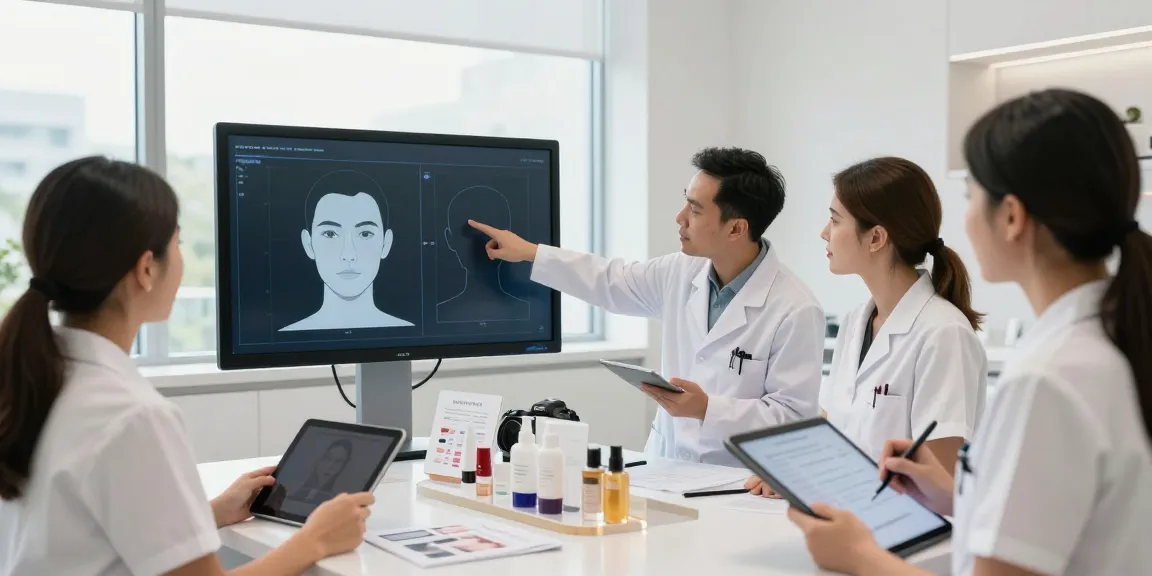 Team collaborating on facial analysis reports to explore alternatives to QOVES in a modern clinic.