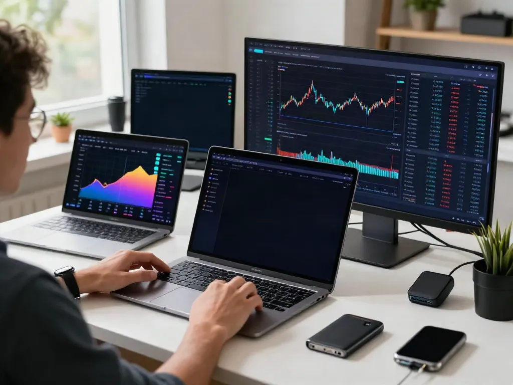 Real-time 外汇API trading setup with multiple monitors displaying cryptocurrency charts and analysis in a professional workspace.