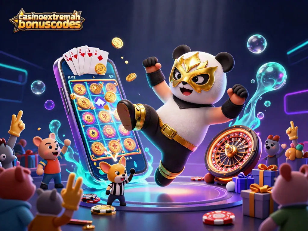 Engaging casinoextremebonuscodes scene with panda wrestler and chihuahua referee amidst vibrant slot games.