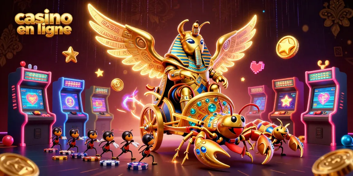 Plongez dans l'univers du casino en ligne avec cette illustration animée de jeux, scarabées et énergie lumineuse.