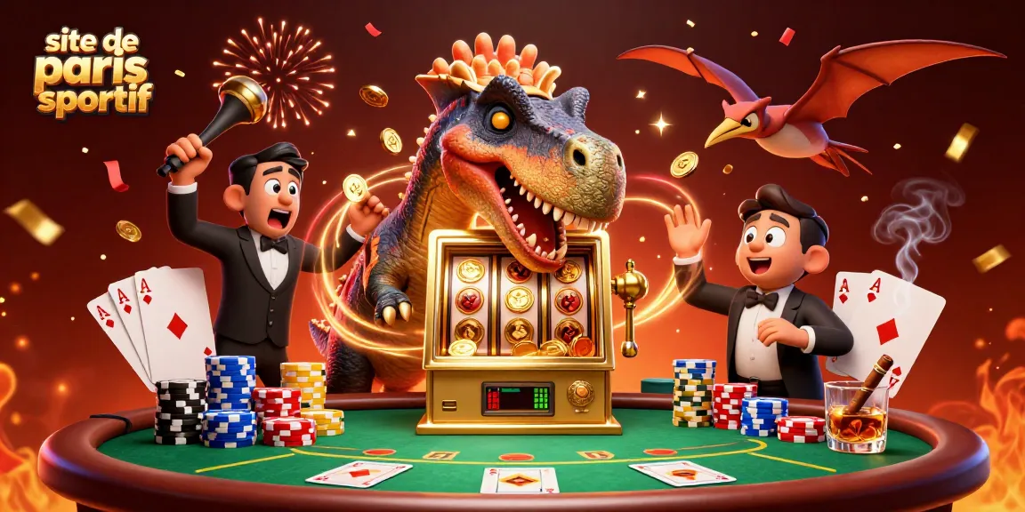 Les personnages animés interagissent avec un site de paris sportif dynamique, où un pachycephalosaurus joue dans un casino.