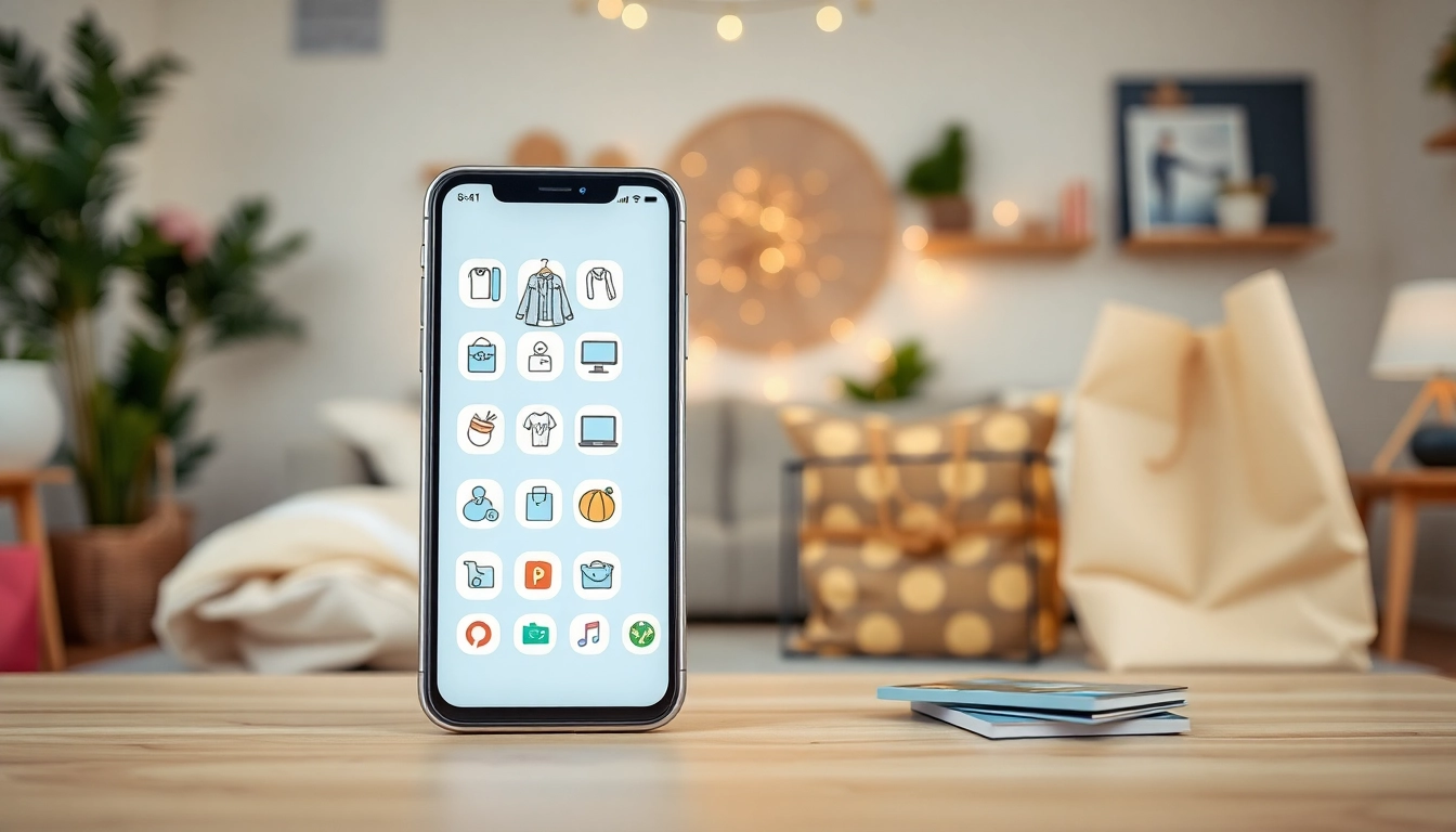 Engaging visual representing online shopping apps on a smartphone in a cozy home setting.