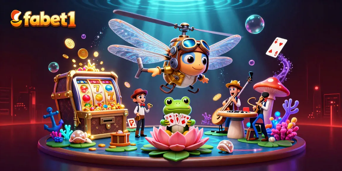 Fabet1 showcases an exciting casino scene with a dragonfly pilot and a frog croupier.