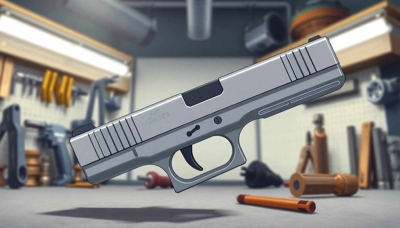 Showcase the Glock 17 gen 5 slide highlighting its design and craftsmanship in a workshop.