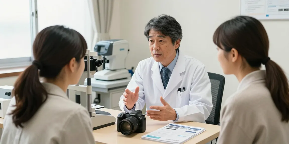 品川近視クリニックの口コミを聞く女性と白衣の医師の真剣な会話の場面