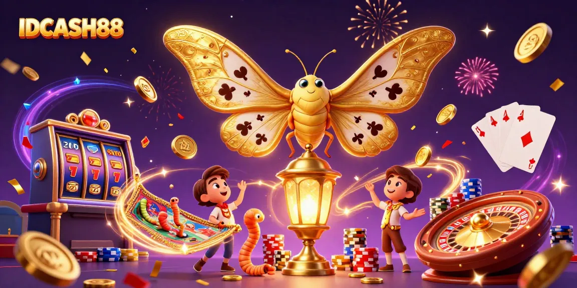 Win big with IDCASH88's dynamic 3D casino scene showcasing golden slots, vibrant cards, and celebratory effects.