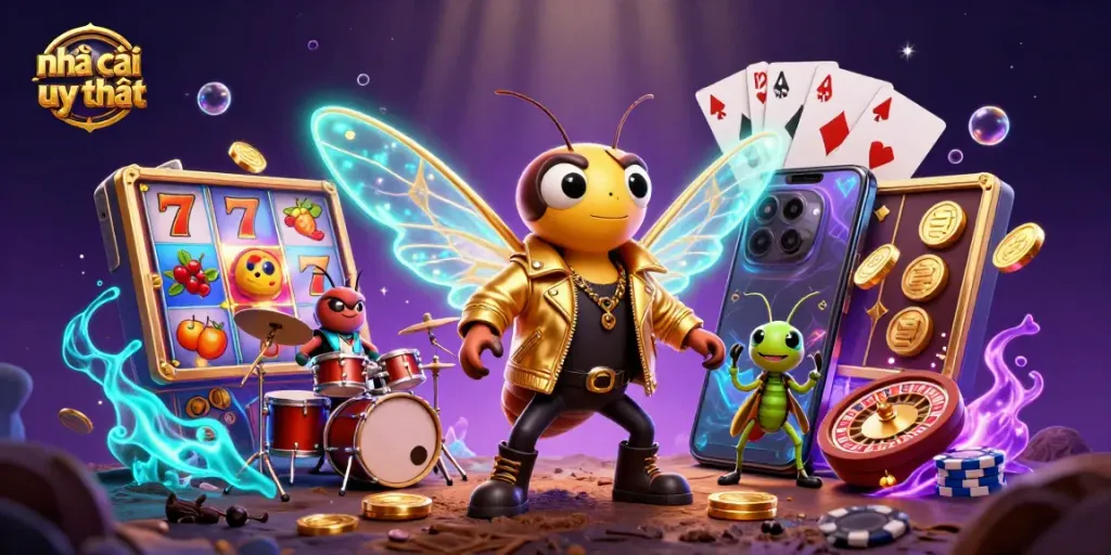 Experience vibrant gaming with nhà cái uy tín showcased by energetic characters and classic casino elements.