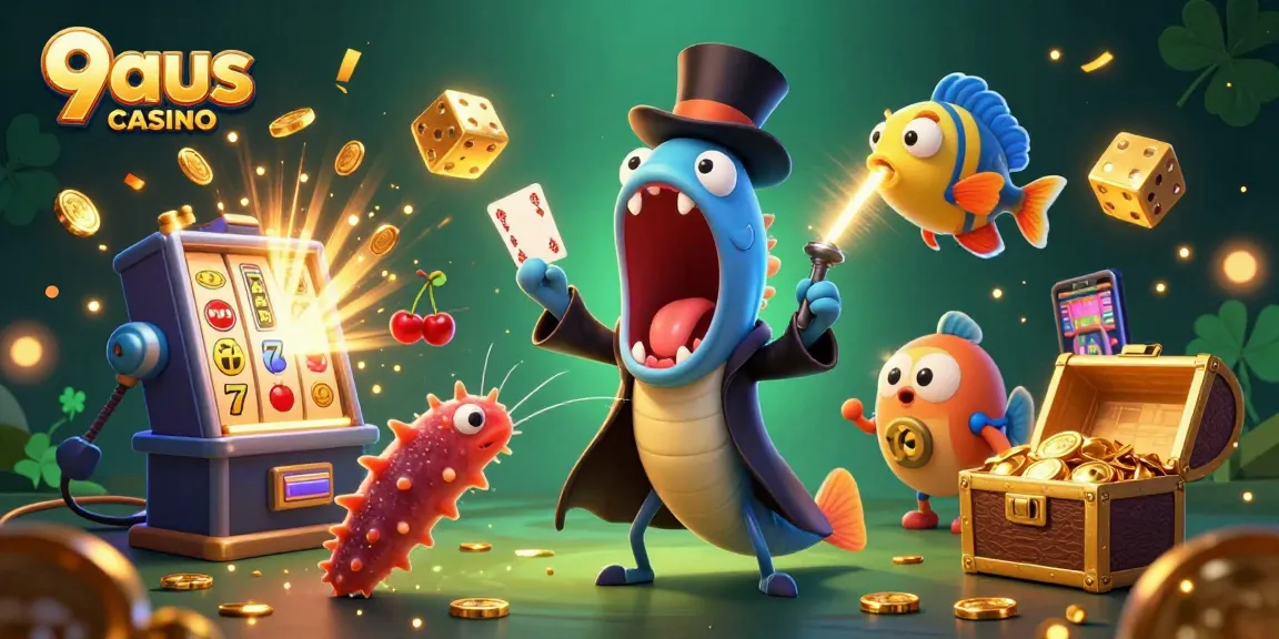 Experience thrilling gameplay with 9aus casino in this animated scene featuring vibrant characters and casino elements.